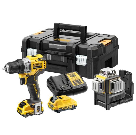 DEWALT 12V sæt med Boremaskine, laser, lader og batteri - DW-DCK212D2T-QW