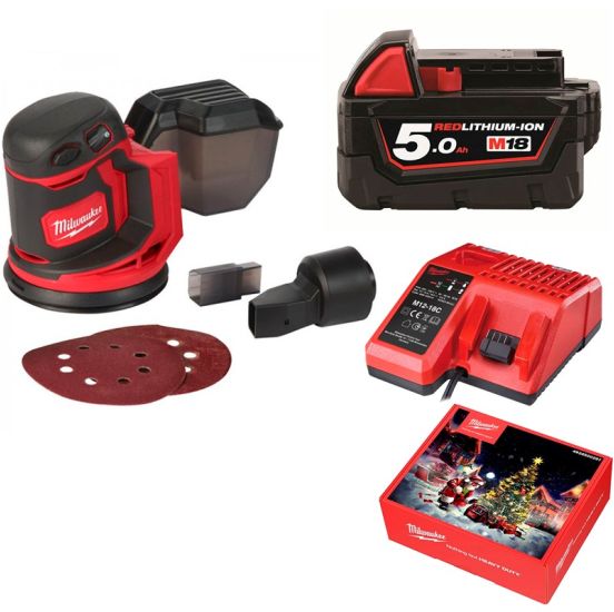Milwaukee excentersliber M18 BOS125 med 5Ah batteri og lader - MILWAUKEEPAKKE1