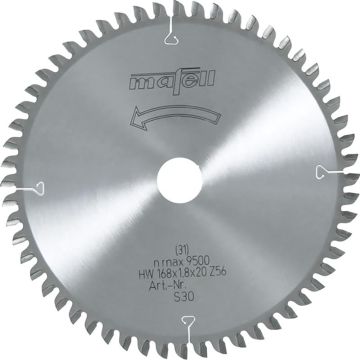 Mafell Savblad-HM; 168 x 1,2/1,8 x 20 mm, Z 56, WZ, til fine snit og universalarbejder i træ MA-092482
