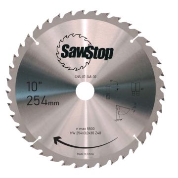SawStop rundsavsklinge 40-tands til bordsav – 254mm/30mm CNS-07-148-30