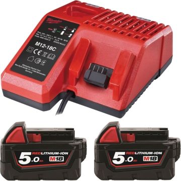 Milwaukee M12-18 C Oplader og 2 stk M18 B5 Red Lithium-Ion 5,0 Ah MILWAUKEEPAKKE9